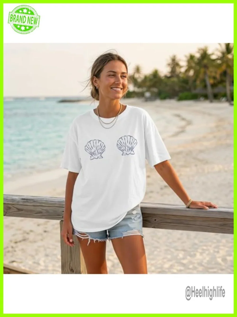 Oversized Seashell Graphic T-Shirt Cotton Blend Crewneck Tropical Summer Top